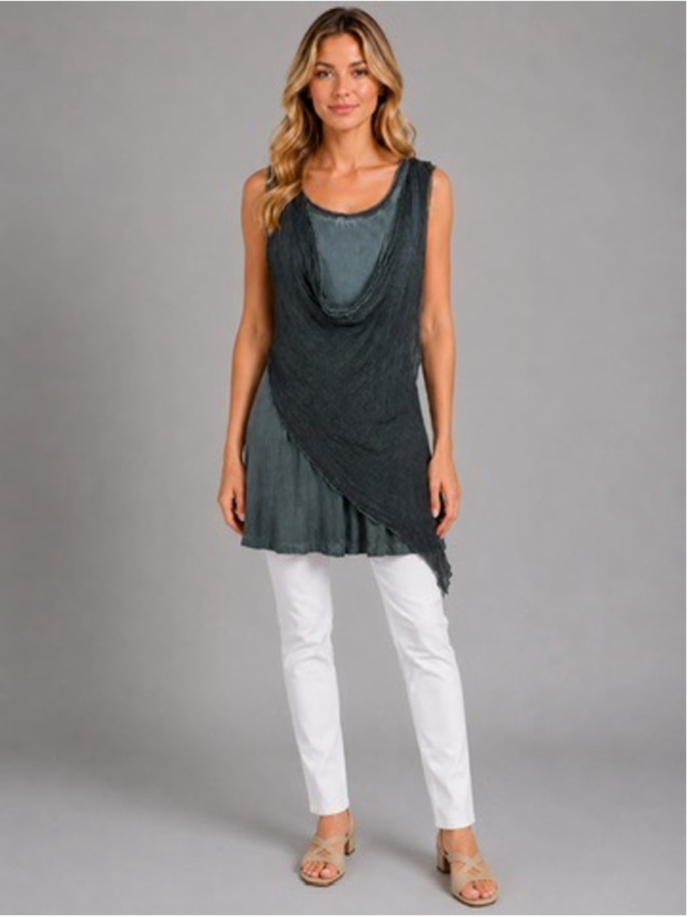 Soft Surroundings Angelique Tunic Top Gray Silk Layer Asymmetric Cowl Neck Sz L